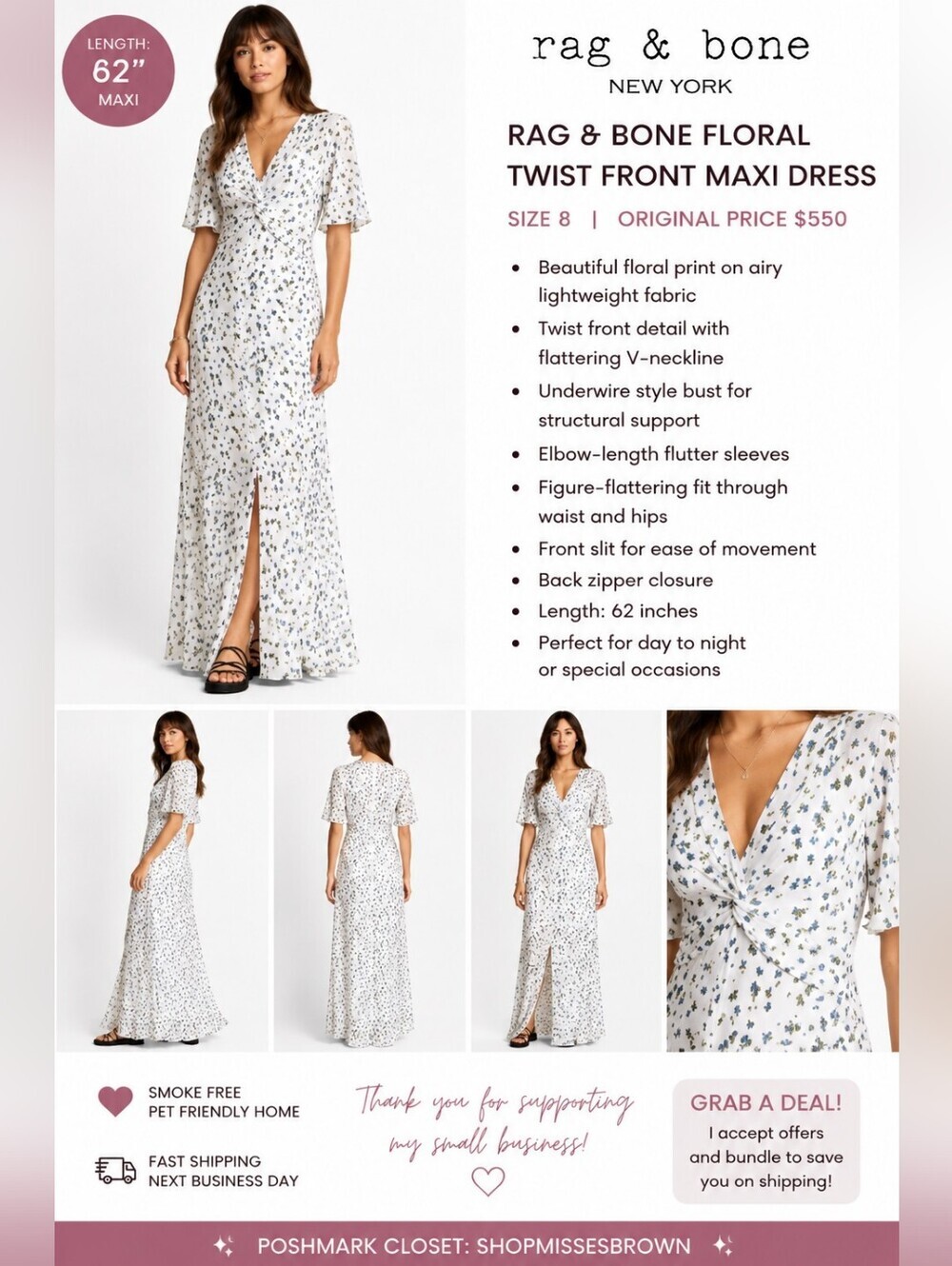 rag & bone White Floral Twist-Front Maxi Dress Size 8